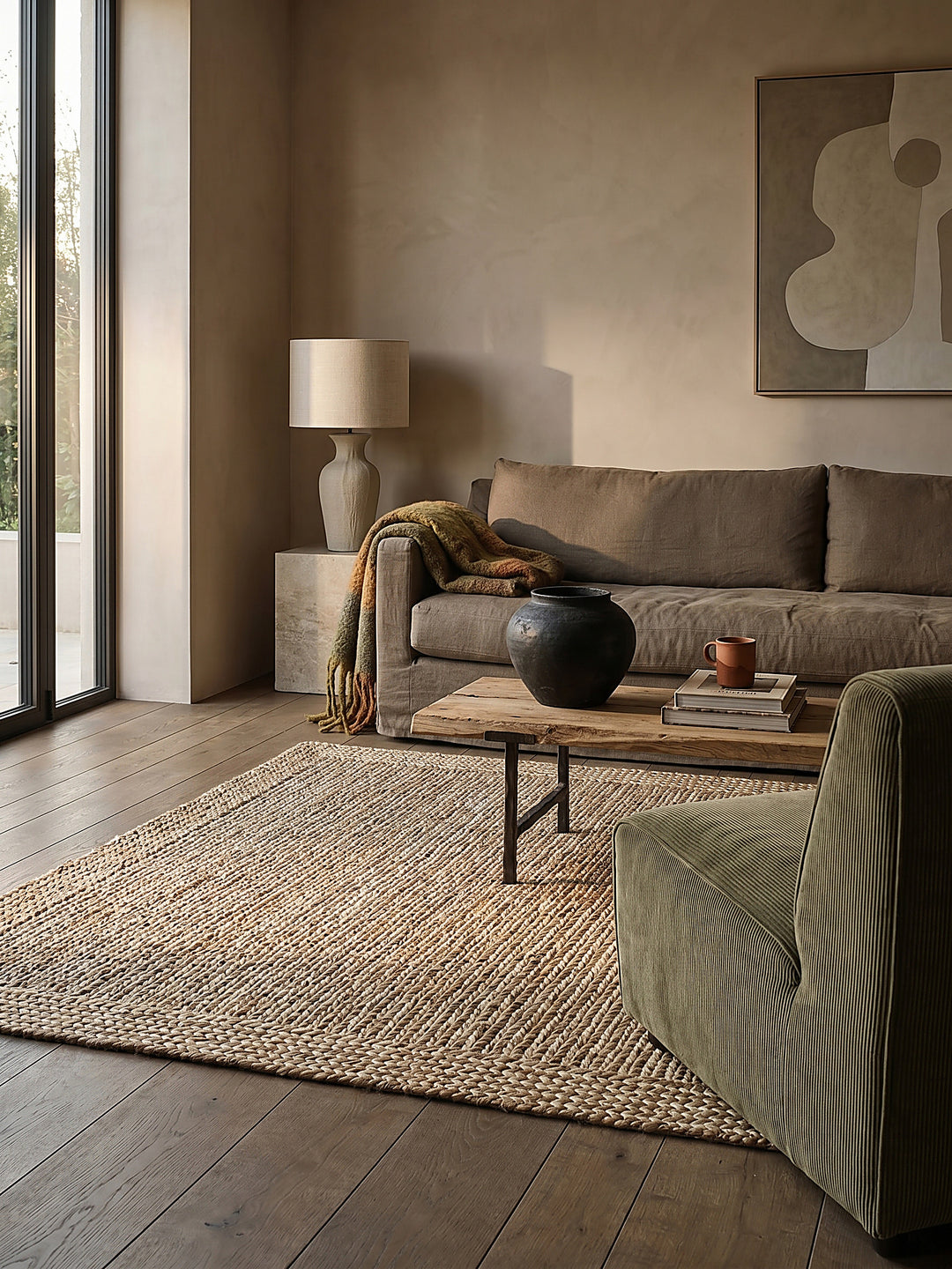 Teppich Natur rechteckig im Wohnzimmer mit Couchtisch und Wohnaccessoires Wohnidee skandinavisch modern_