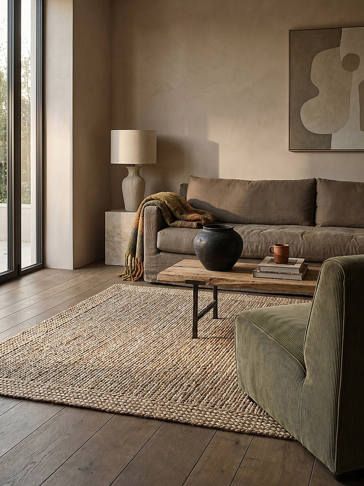 Teppich Natur rechteckig im Wohnzimmer mit Couchtisch und Wohnaccessoires Wohnidee skandinavisch modern_