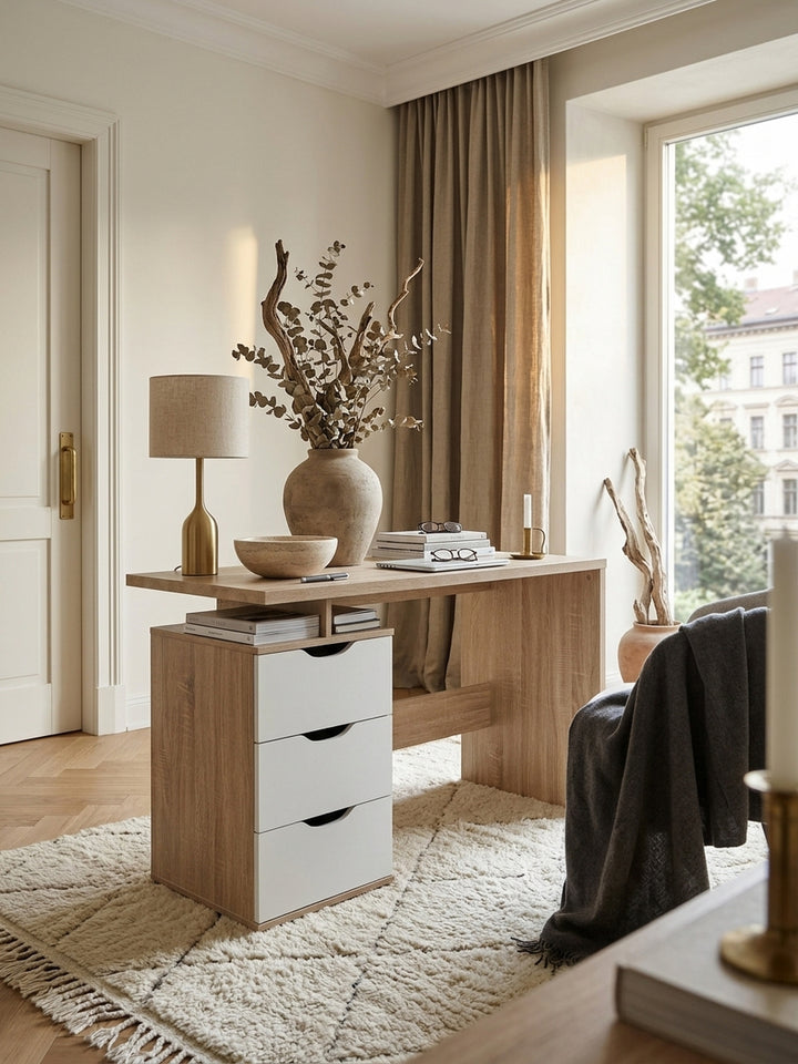 Schreibtisch aus Eiche Massivholz mit Schublade in modernem Home Office mit Teppich und stimmungsvoller Beleuchtung 53x120x76 cm_