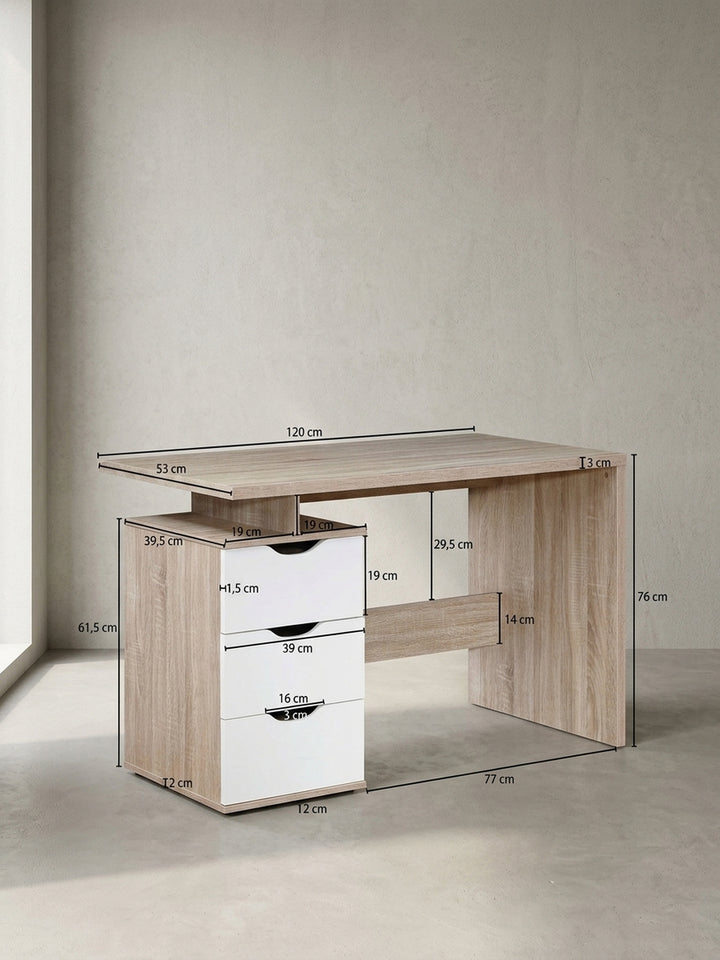 Detailansicht Schreibtisch aus Eiche Massivholz zeigt Verarbeitung und Materialqualität mit Schublade 53x120x76 cm_