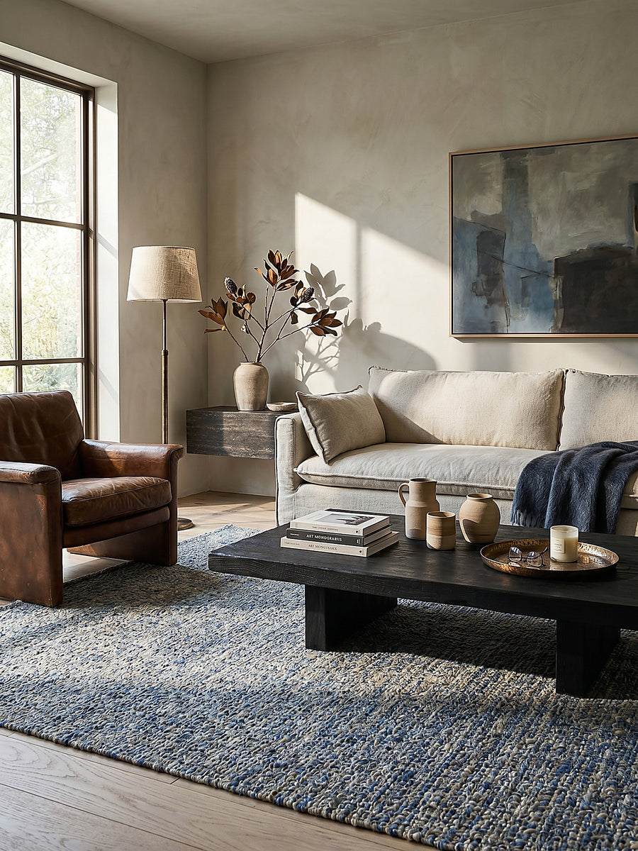 Teppich Blau rechteckig im modernen Wohnzimmer_