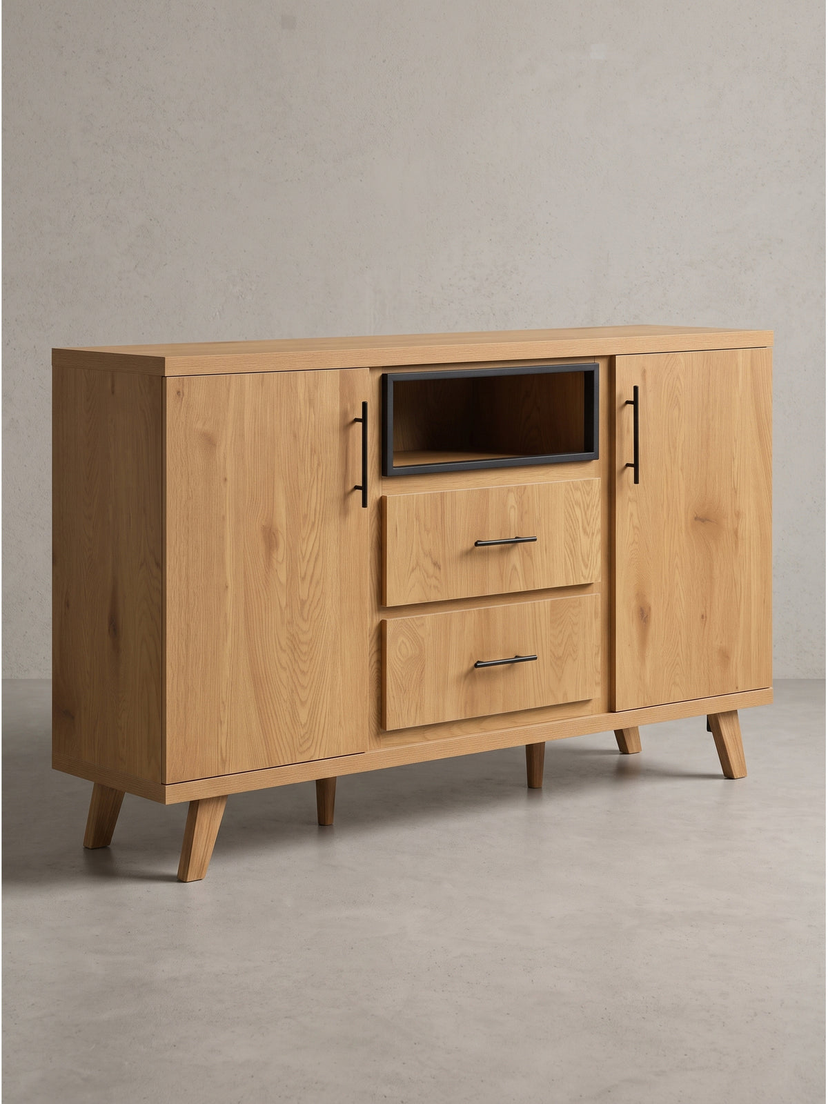 Profilansicht des funktionalen Sideboards verdeutlicht die Tiefe von 40cm und die leicht ausgestellten Füße für hohe Standfestigkeit_