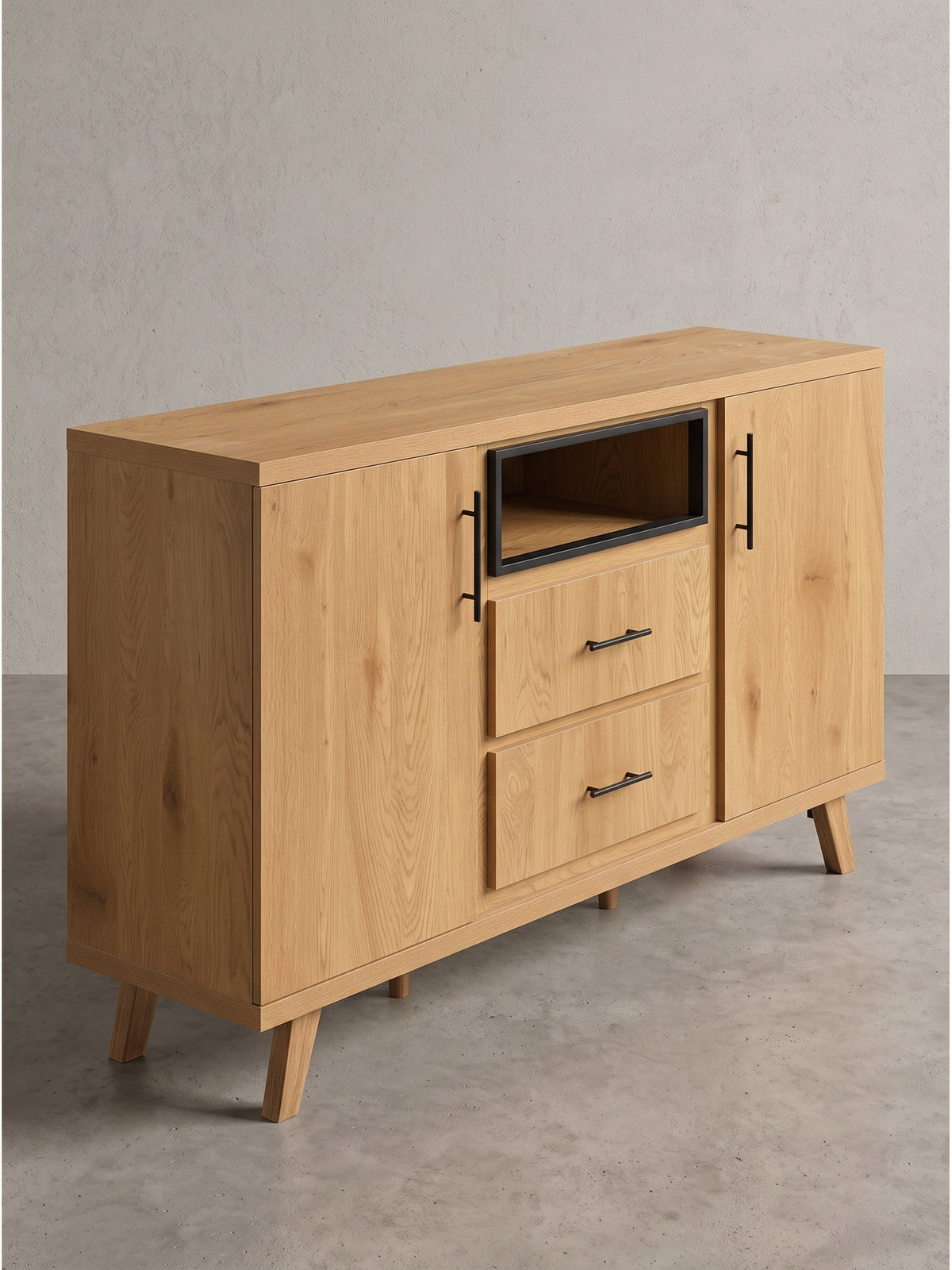 Nahaufnahme der filigranen mattschwarzen Metallgriffe an den geräumigen Schubladen der Anrichte für das moderne Esszimmer_