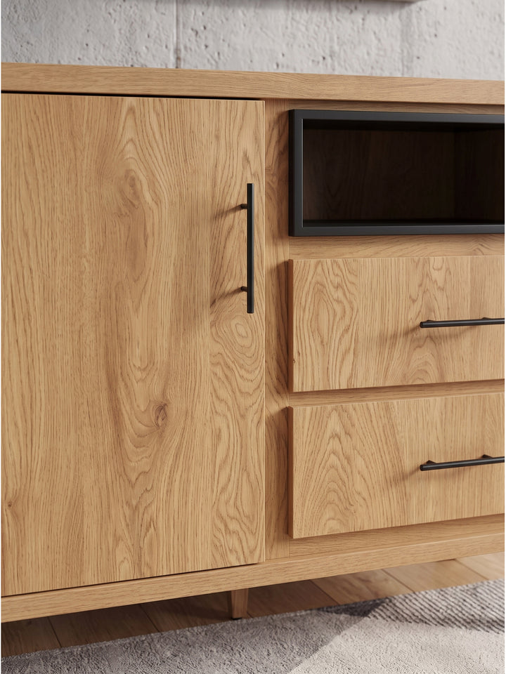Übersicht des modernen Sideboards mit Eiche Dekor, einer Tür und zwei Schubladen für viel Stauraum._