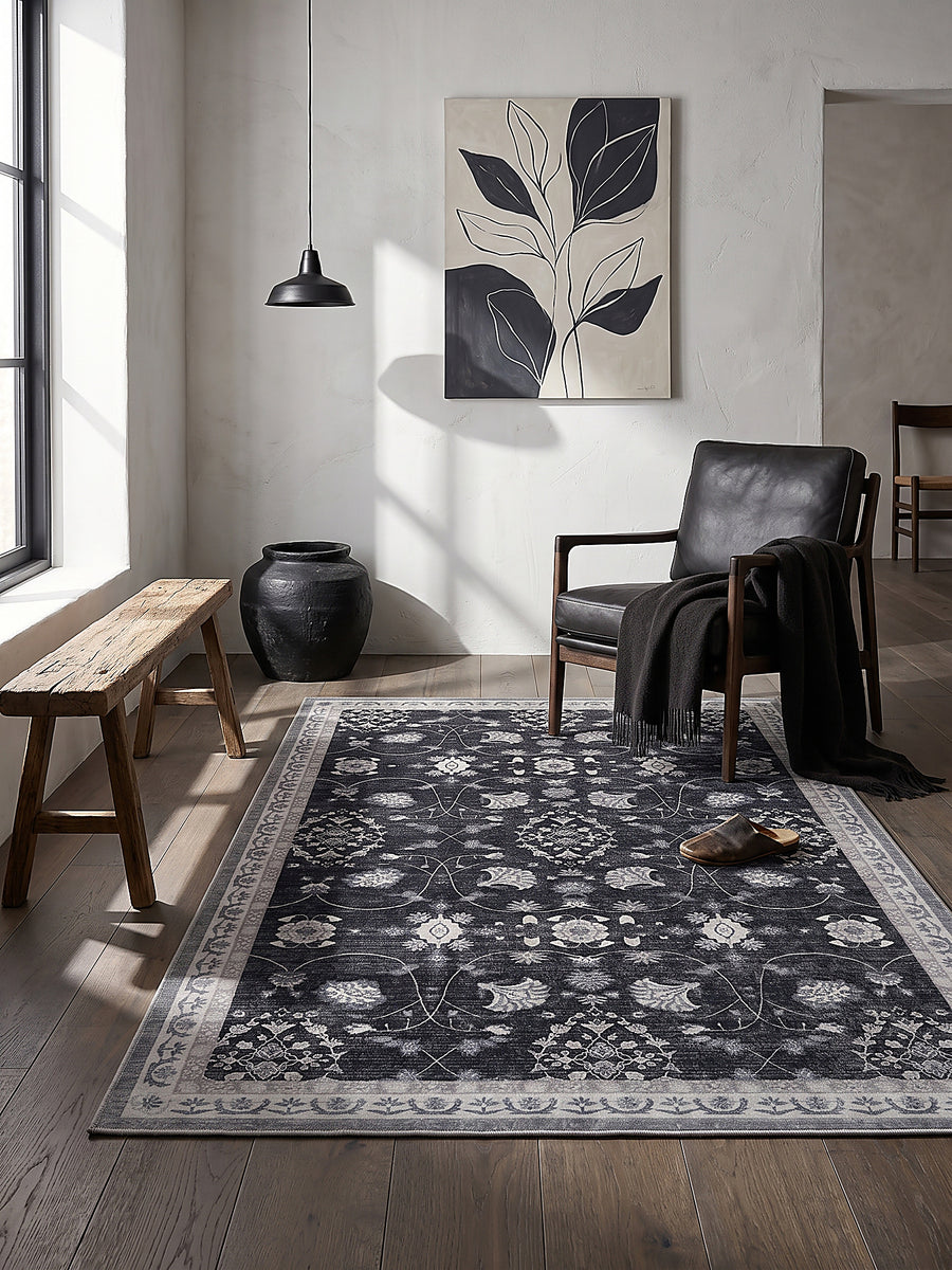 Teppich Schwarz-Creme-Grau Textur Nahaufnahme_