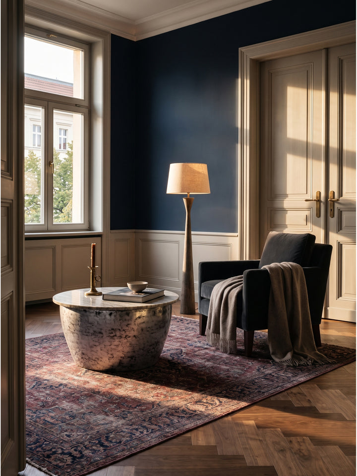Runder Couchtisch aus silbernem Metall mit weißer Marmorplatte 60x60x34 cm als elegantes Zentrum in einem modern eingerichteten Wohnzimmer vor dunkelblauer Akzentwand_