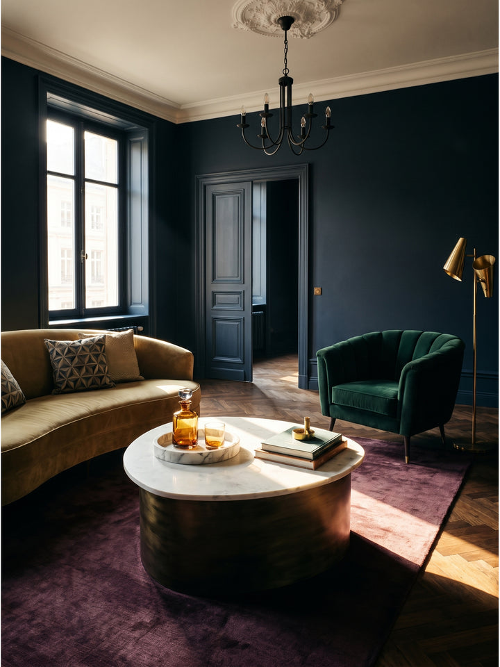 Organischer Couchtisch 63x63x30 cm mit weißer Marmorplatte und dunklem Aluminiumgestell im eleganten Wohnzimmer auf tiefblauem Seidenteppich_