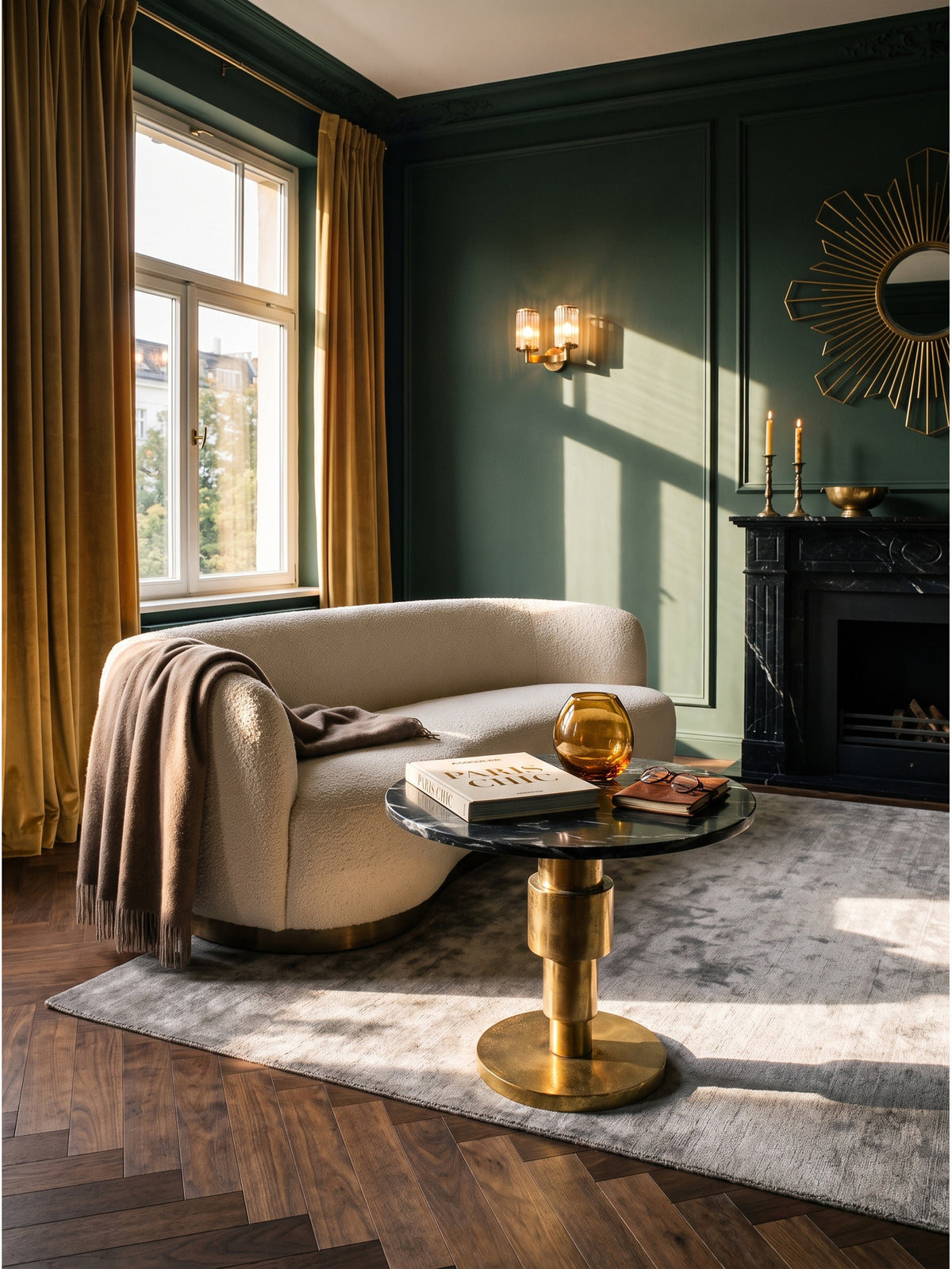 Runder Couchtisch aus echtem schwarzen Marmor und goldenem Aluminiumgestell 60x60x39 cm im luxuriösen Wohnzimmer vor einer dunkelgrünen Wand._