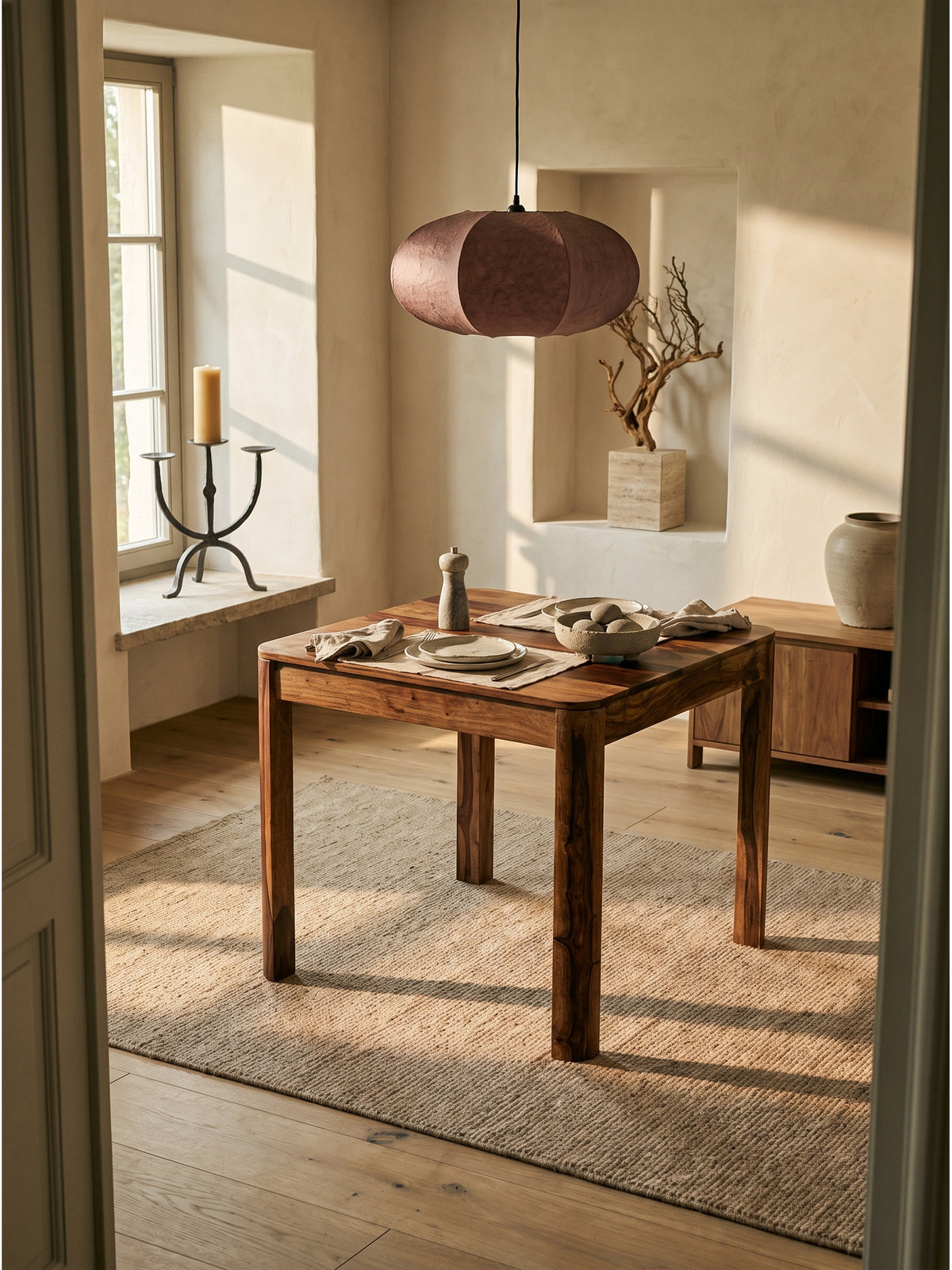 Quadratischer Esstisch aus Sheesham Massivholz im Organic Modern Stil auf hellem Holzboden unter einer Papier-Pendelleuchte._