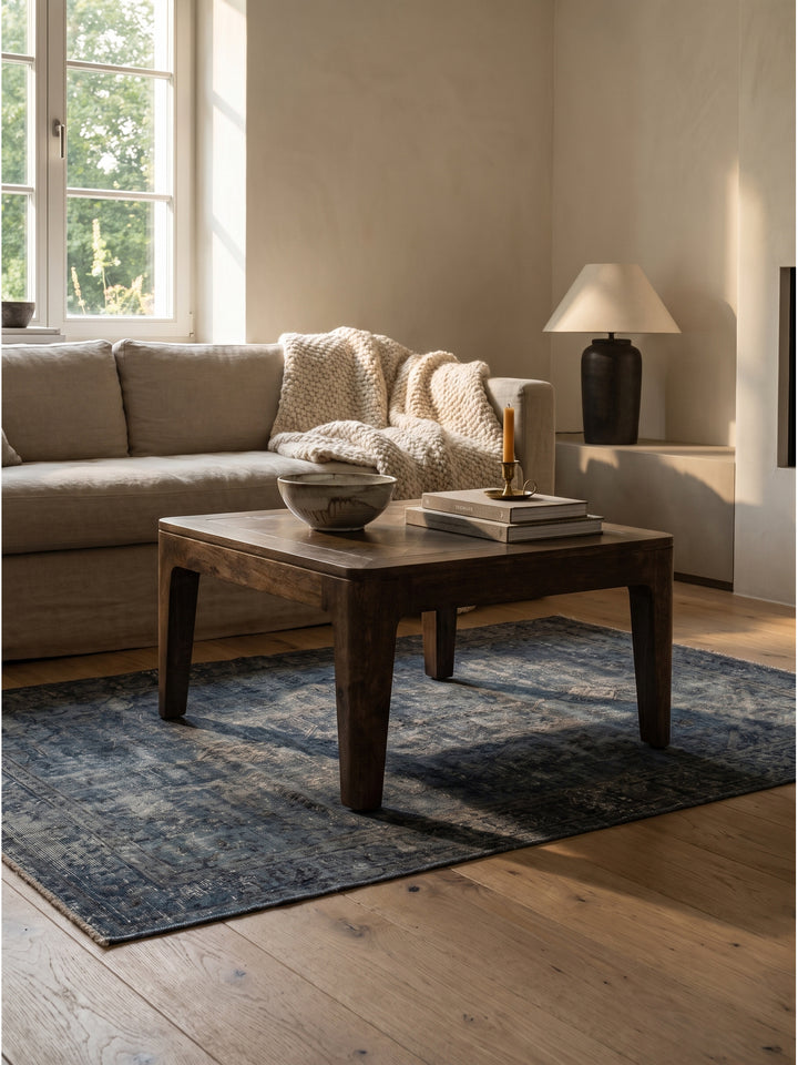 Quadratischer Couchtisch aus massivem Mangoholz mit Walnuss-Finish zentral im modernen Wohnzimmer auf einem hellen Wollteppich._