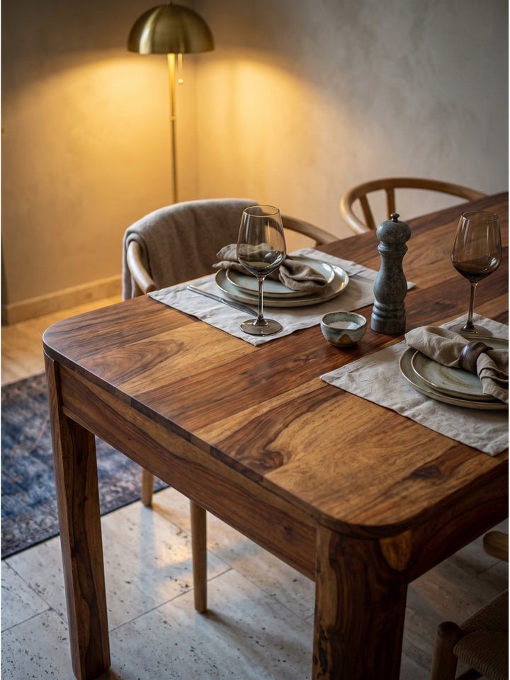 Gemütliches Ambiente am Holztisch mit handgefertigter Keramikvase und getrockneten Olivenzweigen vor einer warmweißen Wand_