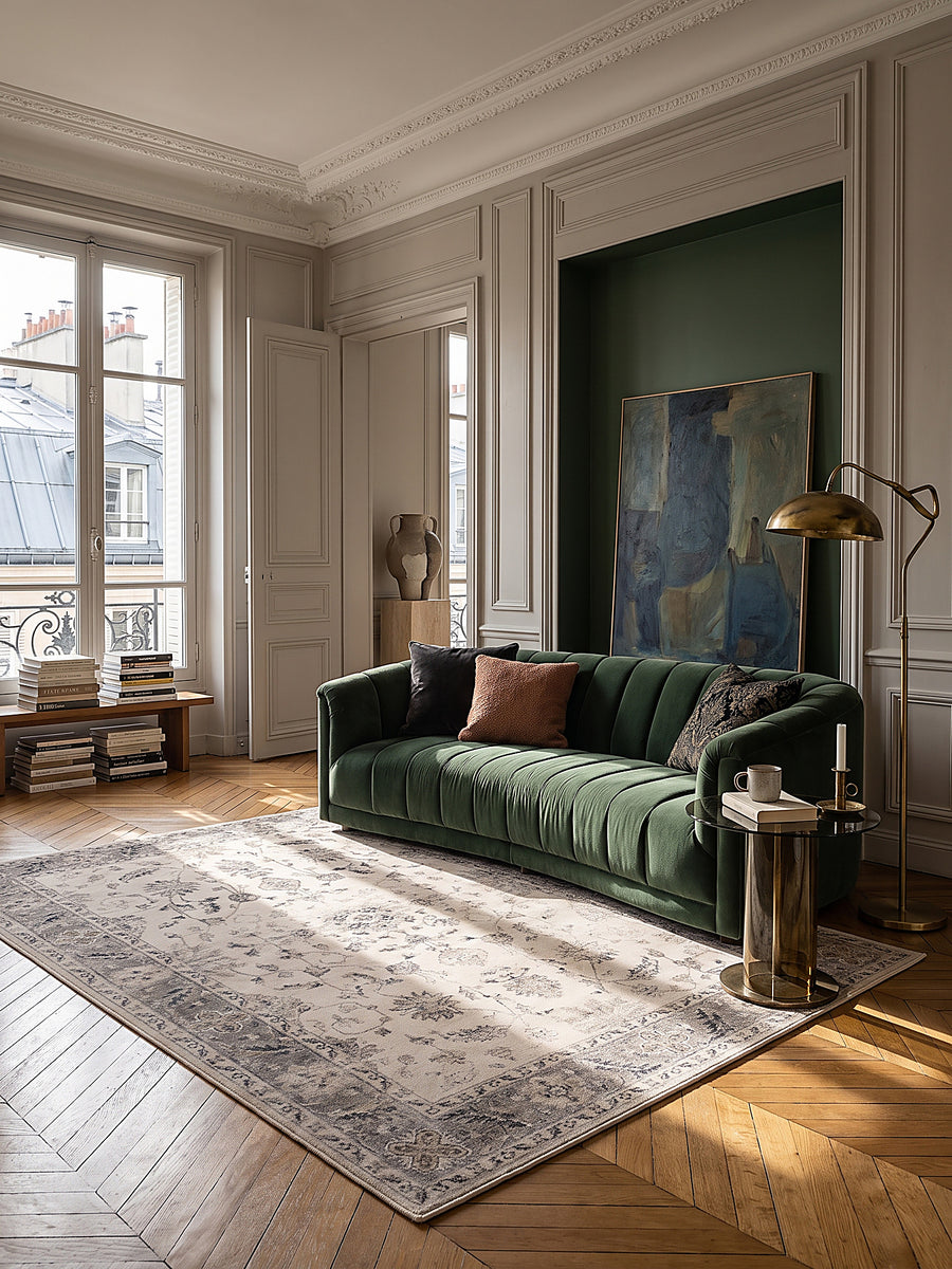 Teppich Beige-Grau rechteckig im modernen Wohnzimmer_