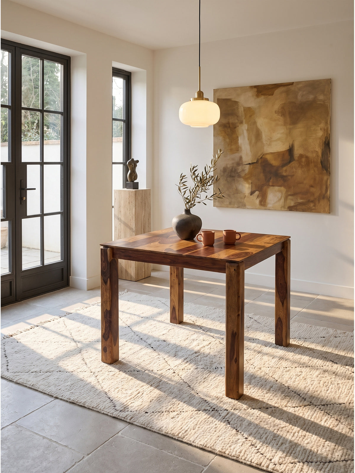 Quadratischer Esstisch aus dunklem Sheesham Massivholz im lichtdurchfluteten minimalistischen Esszimmer vor hohen Stahlfenstern