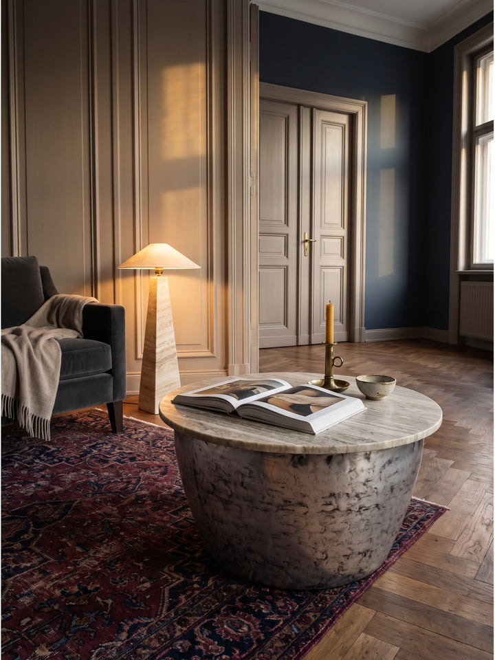 Stilvolles Arrangement auf einem runden Metall Couchtisch mit Bildbänden und einer Keramikvase im luxuriösen Wohnbereich auf edlem Walnussparkett_