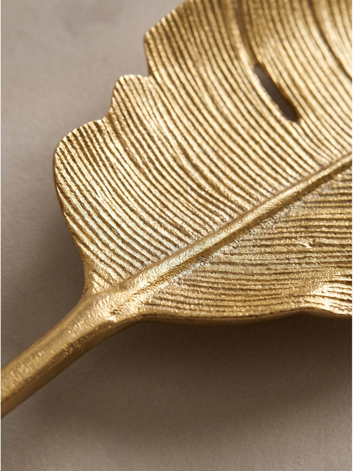 Makroaufnahme der lackierten Aluminiumoberfläche, die feine geprägte Blattadern und organische Aussparungen der handgefertigten goldenen Dekoschale im faszinierenden Detail zeigt._