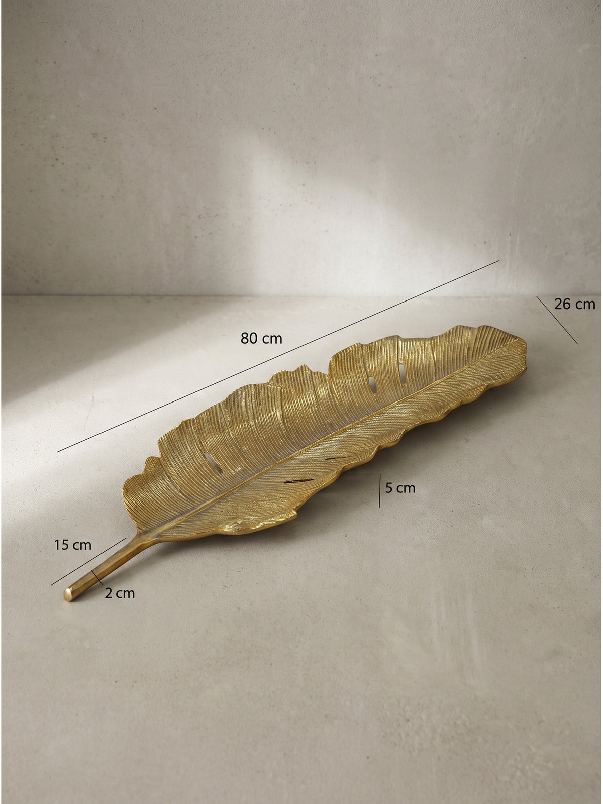 Bemaßte Grafik der großen Dekoschale aus gold lackiertem Aluminium, die exakt 80 cm Länge, 26 cm Breite und 5 cm Höhe für die präzise Tischdekoration anzeigt._