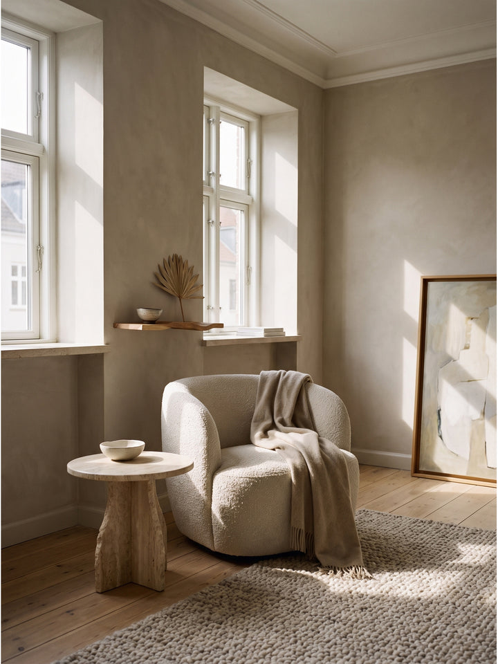 Kombination des eleganten Hängeregals aus Echtholz mit einer Travertin-Stehlampe und einem organisch geformten Bouclé-Sessel_