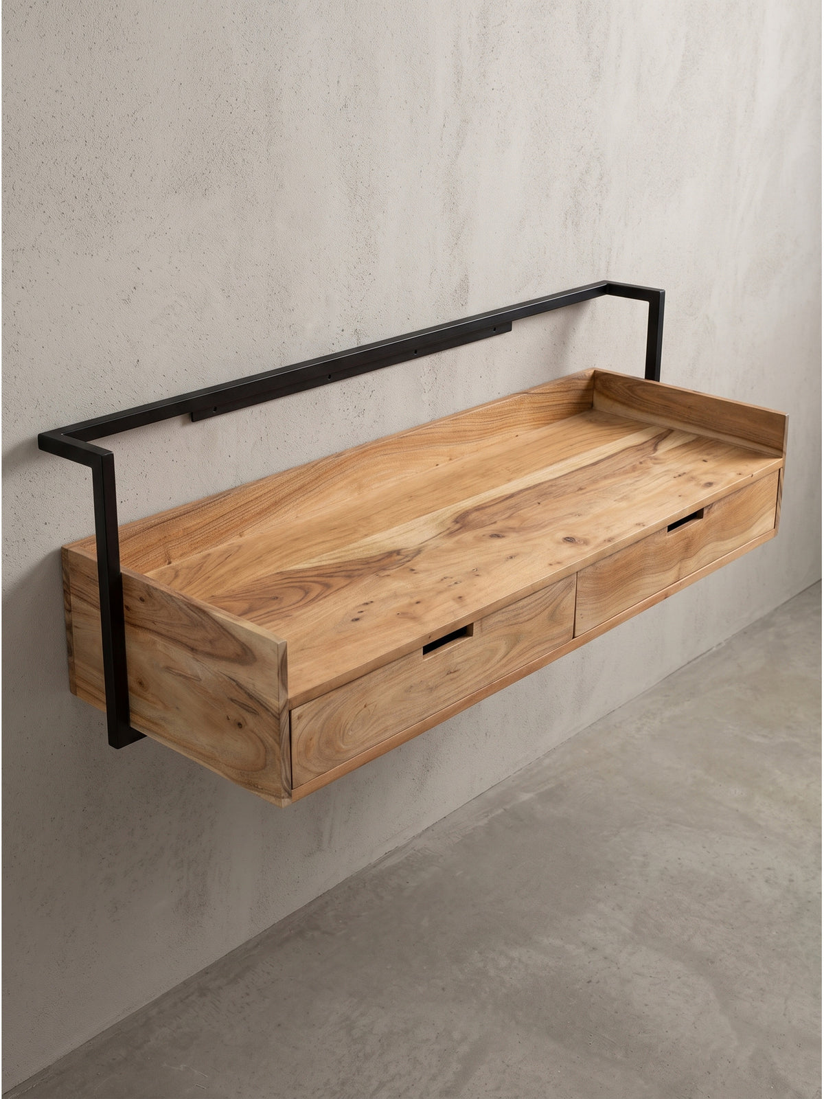 Seitliche Perspektive des hängenden Schreibtisches verdeutlicht die flache Tiefe von 38 cm und die stabile schwarze Wandkonstruktion._