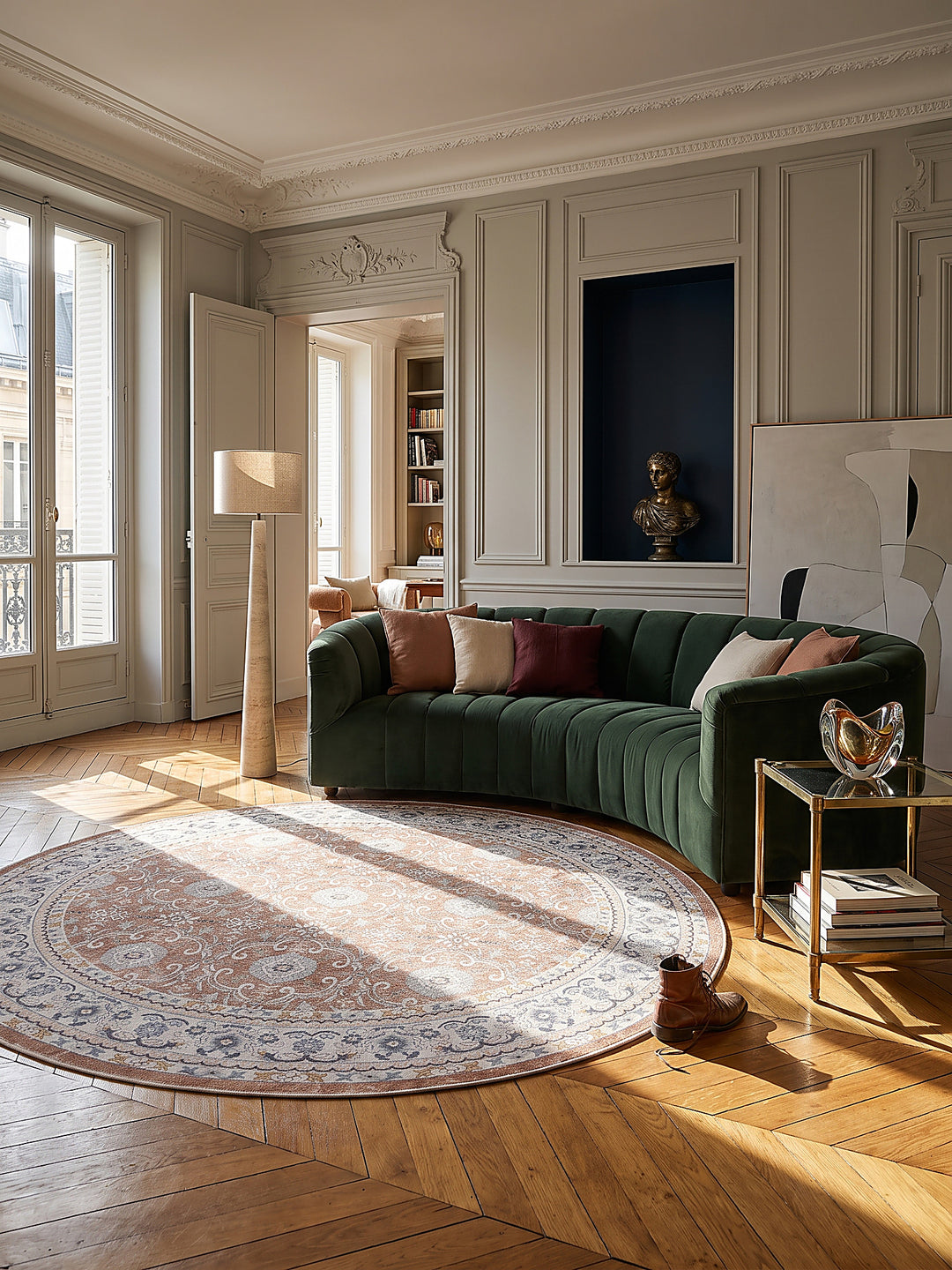 Teppich Terrakotta-Creme rund im modernen Wohnzimmer_