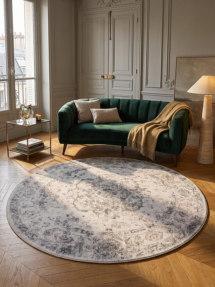 Teppich Beige-Grau rund im modernen Wohnzimmer_
