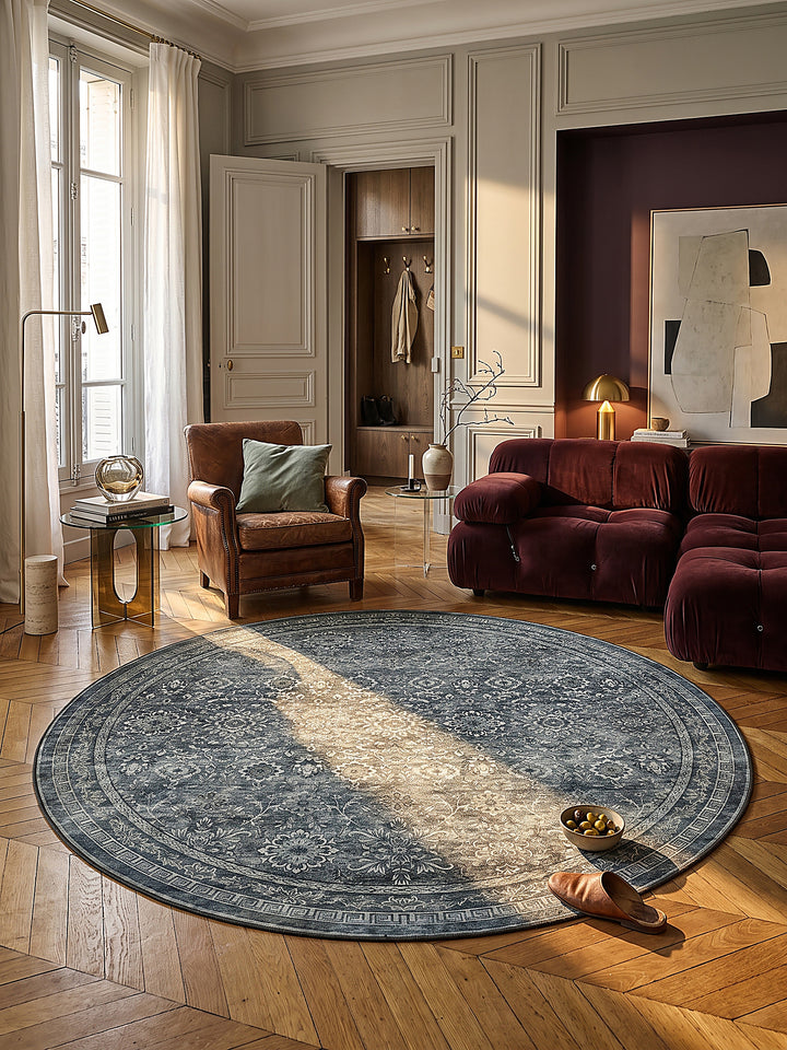 Teppich Grün-Grau rund im modernen Wohnzimmer_