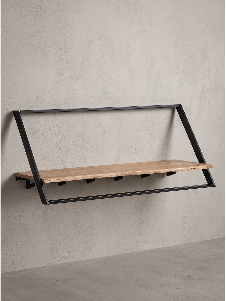 Frontale Ansicht der 100x40x32,5 cm großen Wandgarderobe mit Ablage und Hakenleiste aus Akazie und schwarzem Metall vor weißem Hintergrund._