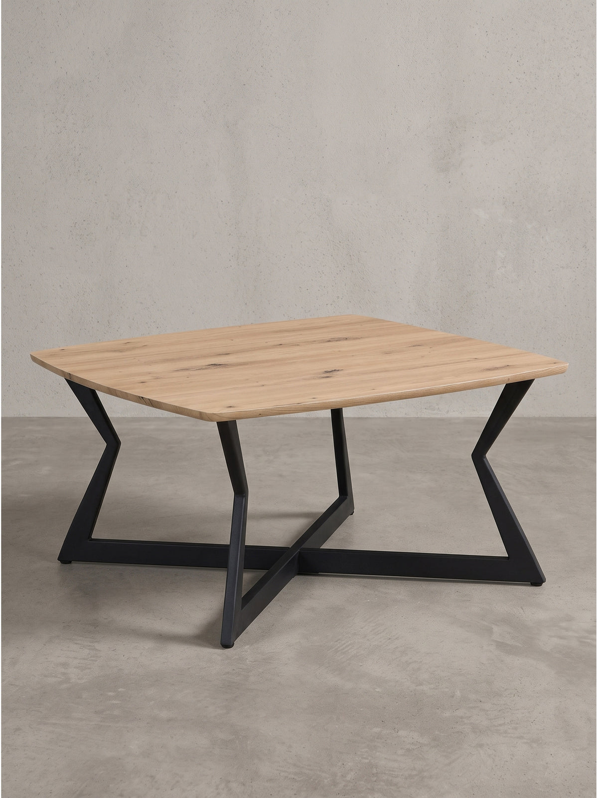 Eiche Optik Tischplatte mit abgerundeten Ecken des quadratischen Couchtisches 75x75 cm auf schwarzem Metallrahmen