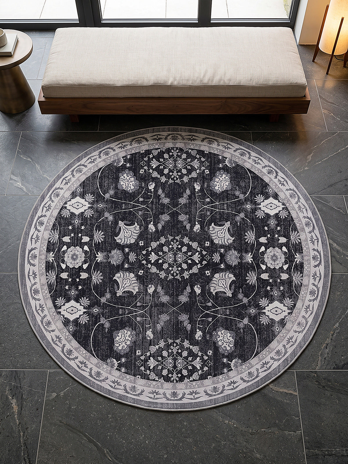 Teppich Schwarz-Creme-Grau rund Draufsicht_