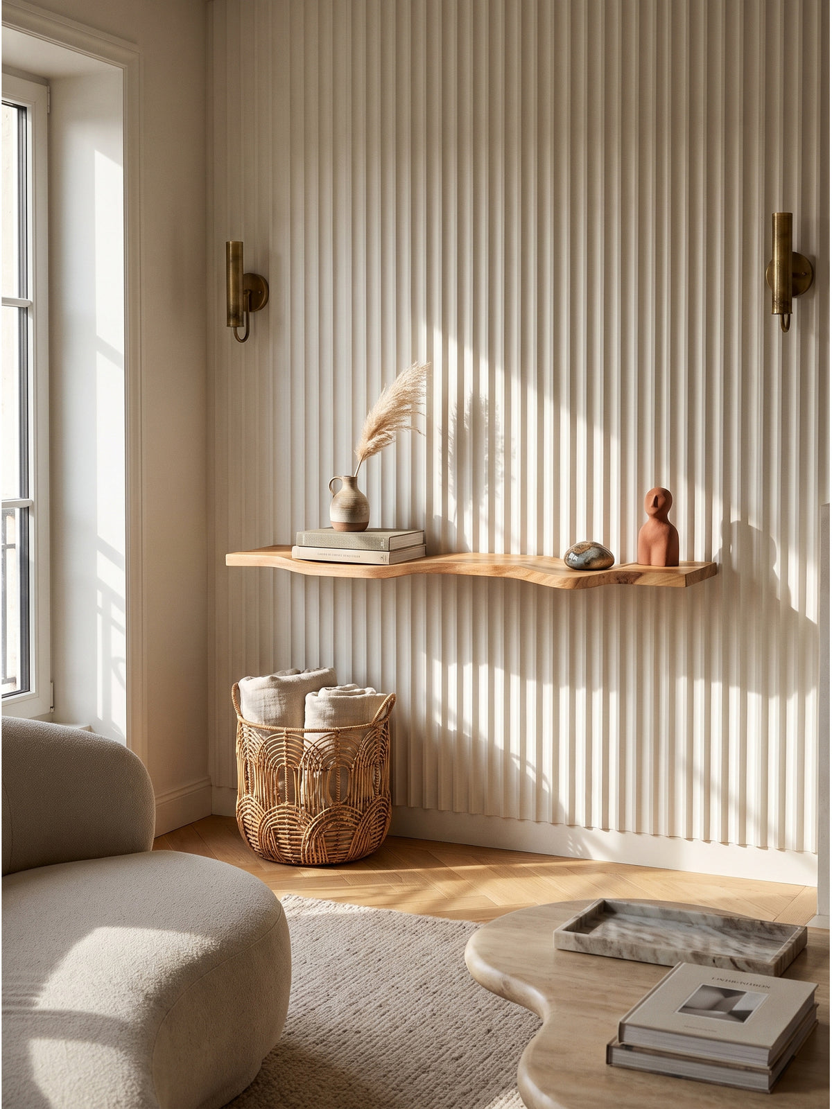 Schwebendes Wandregal aus massivem Akazienholz mit organischer Wellenform an weißer Wand über Eichenparkett im organisch-modernen Wohnzimmer_