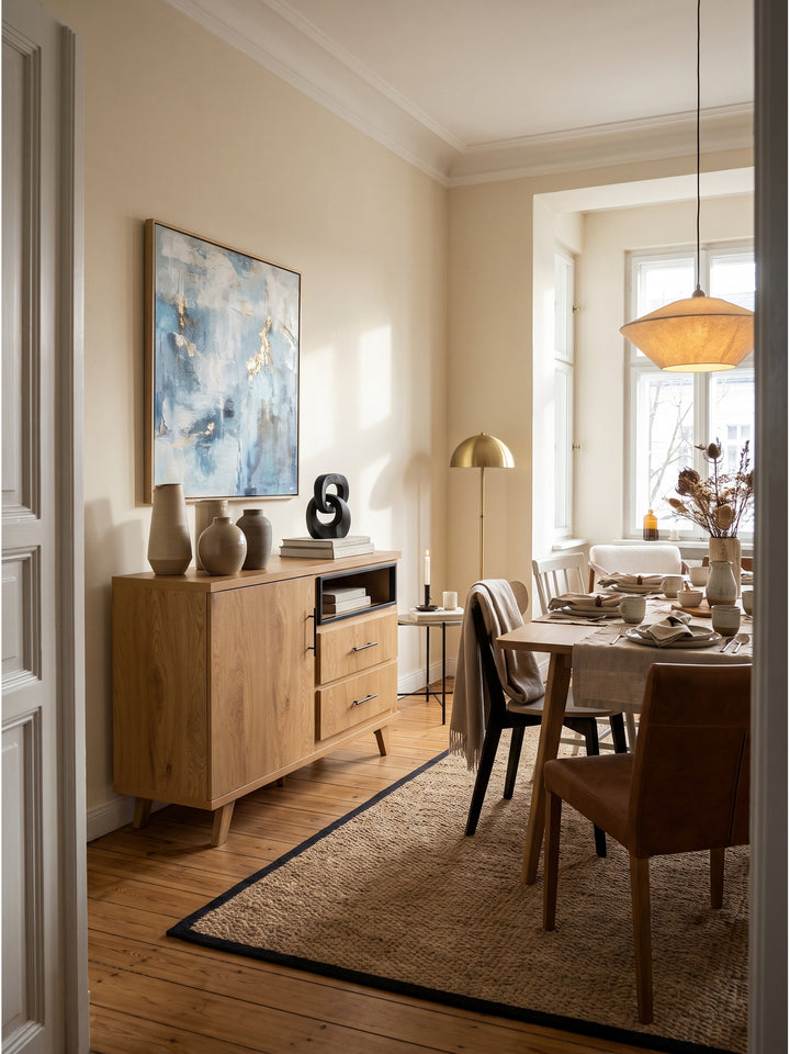 Modernes Sideboard in Eichenoptik 116x40x95 cm als zentrales Element in einem hellen Flur mit breitem Eichenparkett._