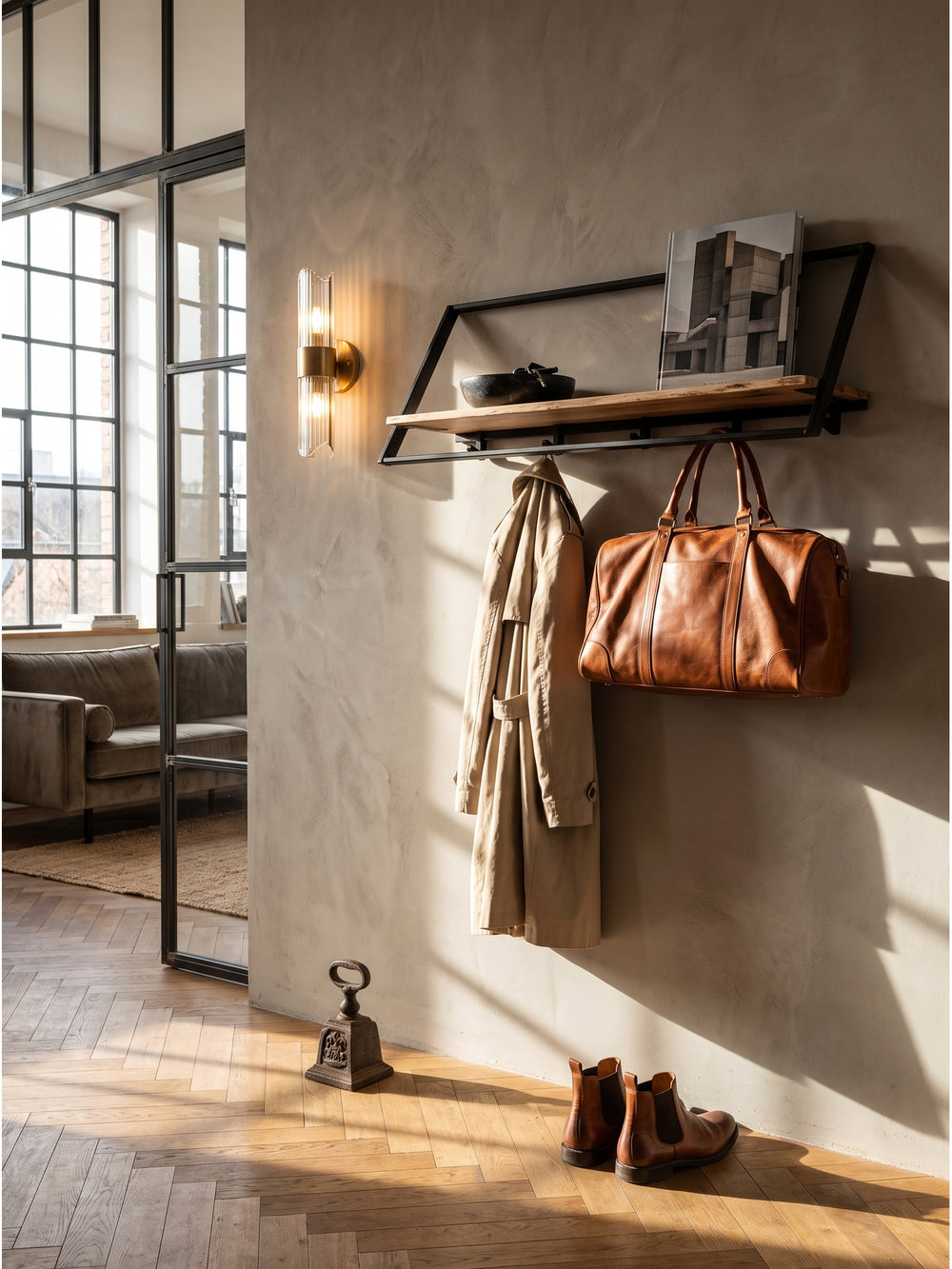 Wandgarderobe aus Akazienholz und schwarzem Metall in einem industriellen Flur mit Fischgrätparkett und einer Stahlrahmentür._