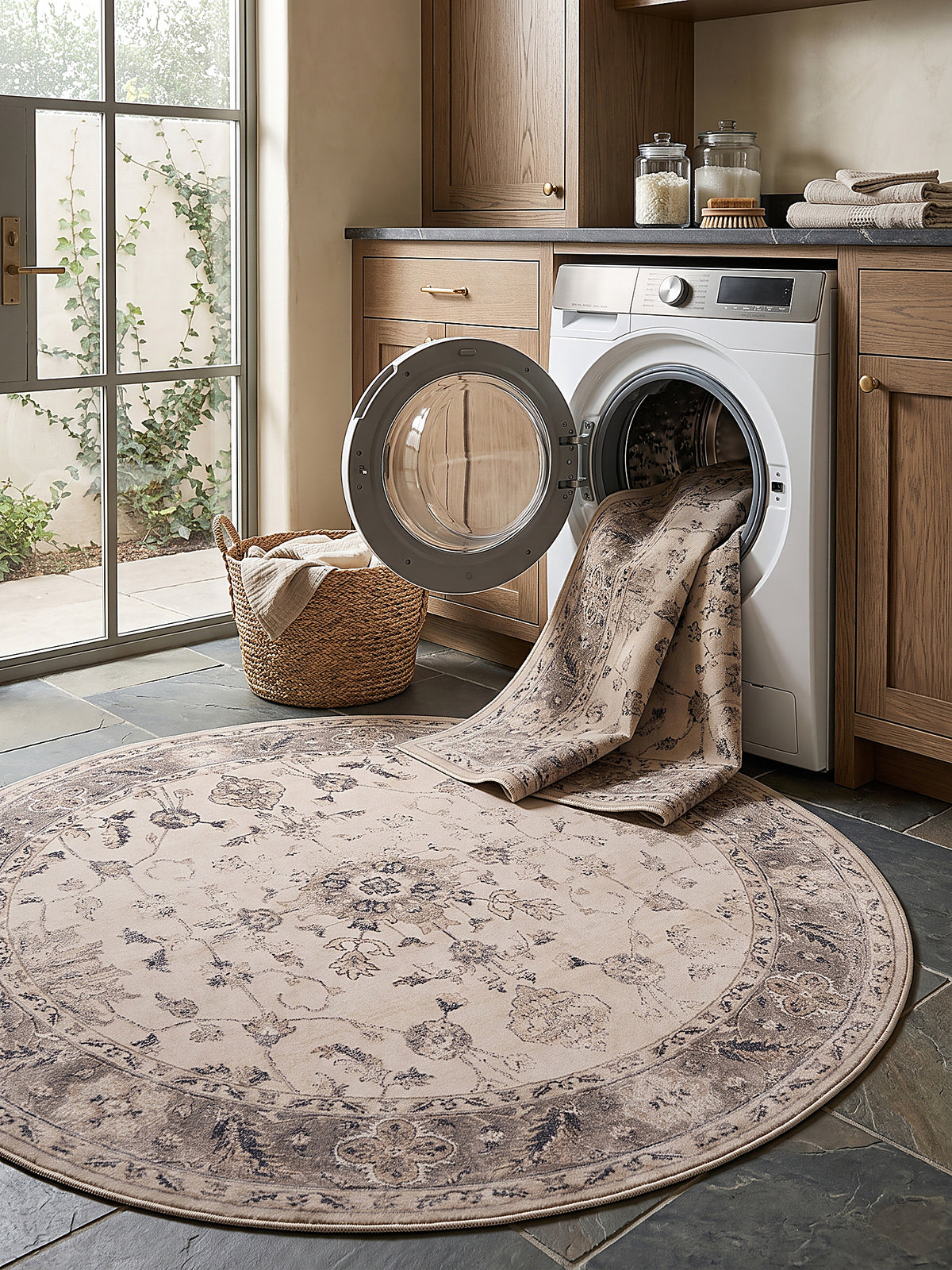 Teppich Beige-Grau rund gemütliche Wohnszene_