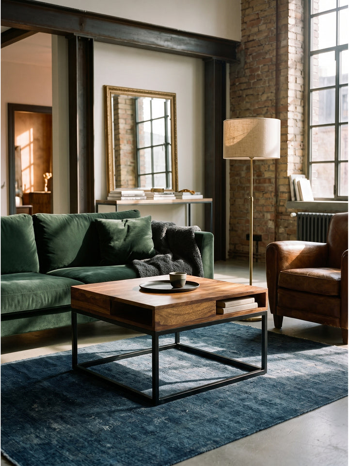 Modern-industrieller Beistelltisch 60x60 cm kombiniert mit einem Leinensessel und einer schwarzen Bogenleuchte im gemütlichen Raum_