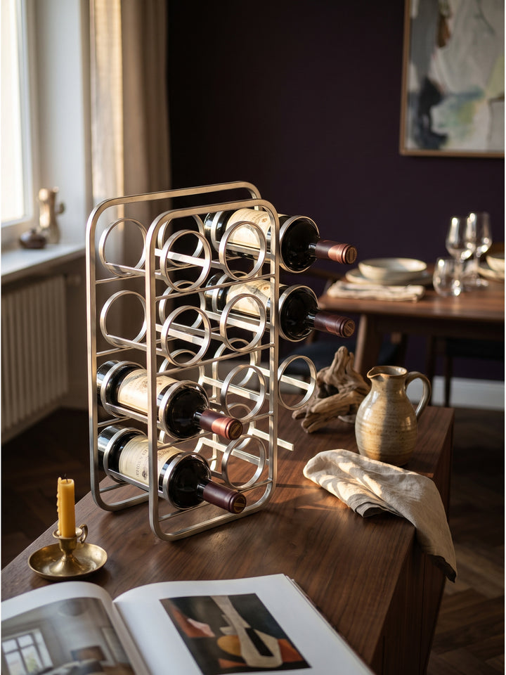 Silbernes Weinregal neben stilvollen Kristallgläsern und Büchern über Weinbau auf einem Sideboard unter gedimmtem Licht_