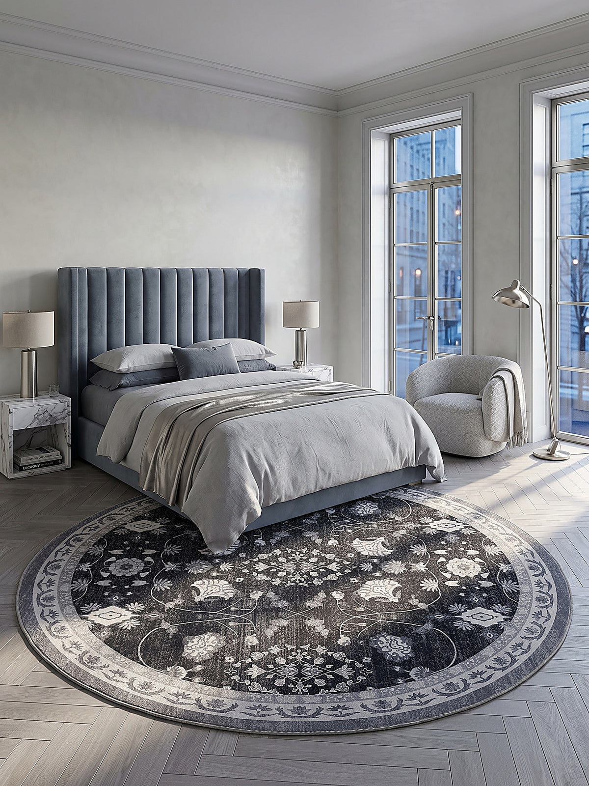 Teppich Schwarz-Creme-Grau rund im modernen Wohnzimmer