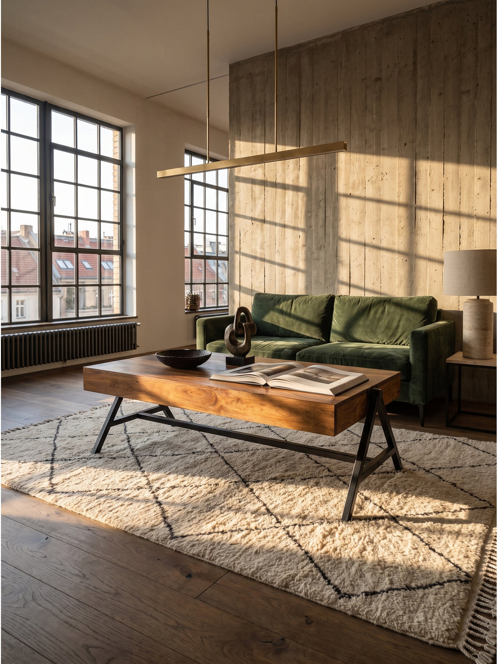 Großzügiger Couchtisch aus Sheesham Massivholz 120x60 cm mit schwarzem Metallgestell in einem luxuriösen Industrial Loft auf dunklem Eichenparkett._
