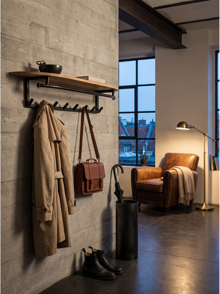 Industrial Flurgarderobe aus massivem Akazienholz und schwarzem Metall kombiniert mit dunklem Polierbetonboden und schweren Gusseinbaustrahlern_