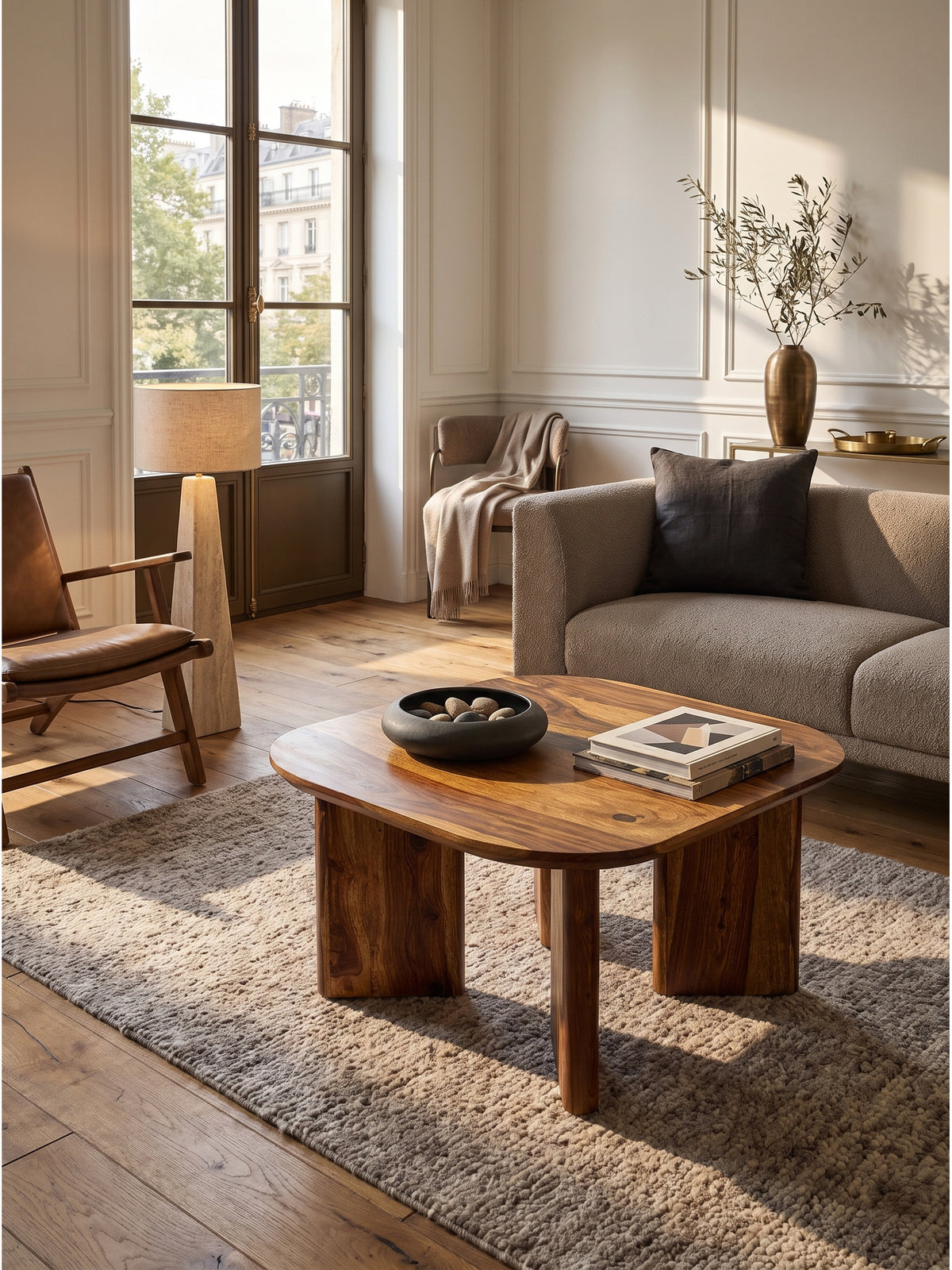 Quadratischer Couchtisch aus Sheesham Massivholz 60x60x45 cm im eleganten Wohnzimmer auf einem taupefarbenen Wollteppich vor einem beigen Bouclé Sofa