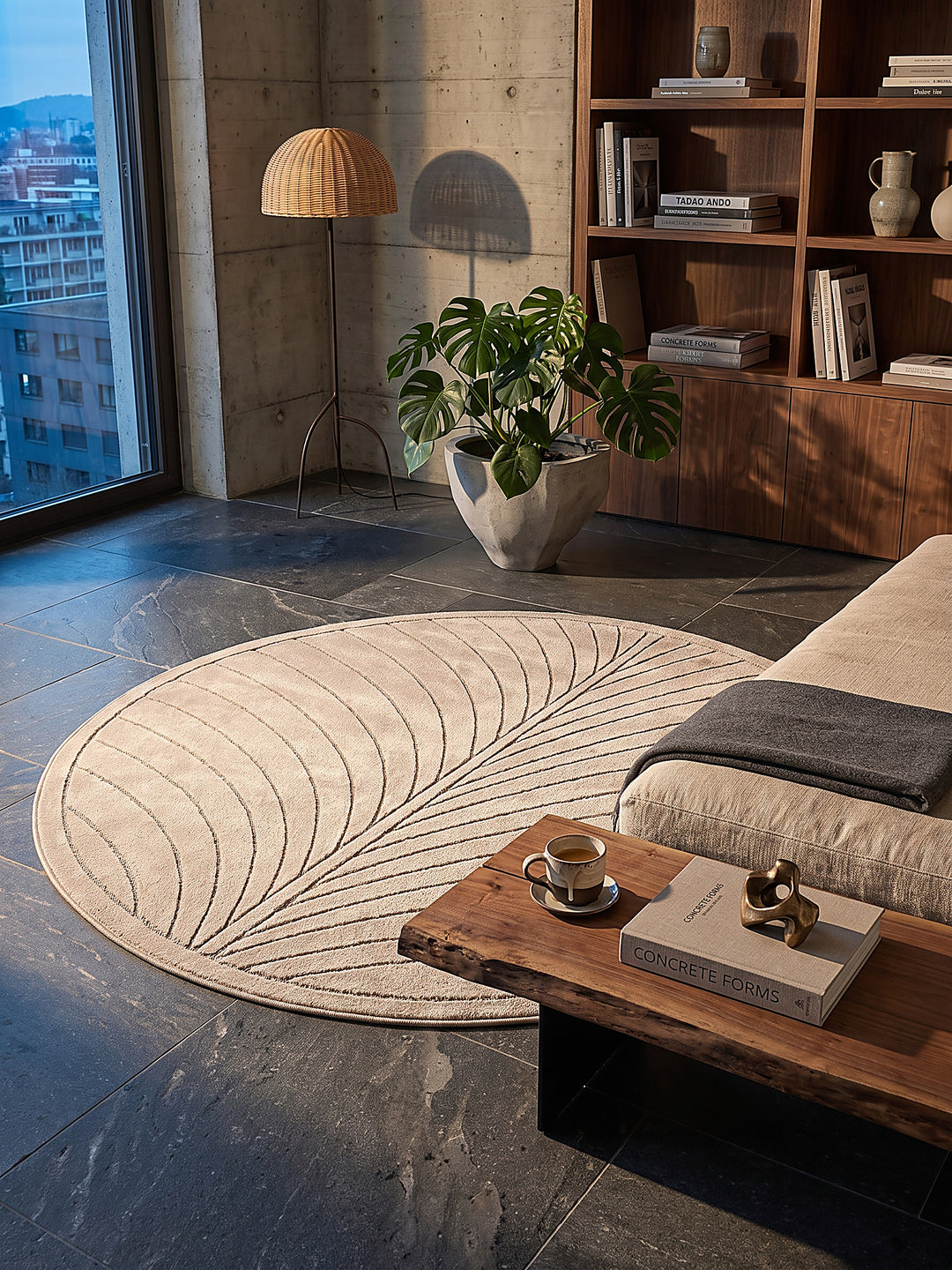 Teppich Beige rund in der Eingangsdiele_