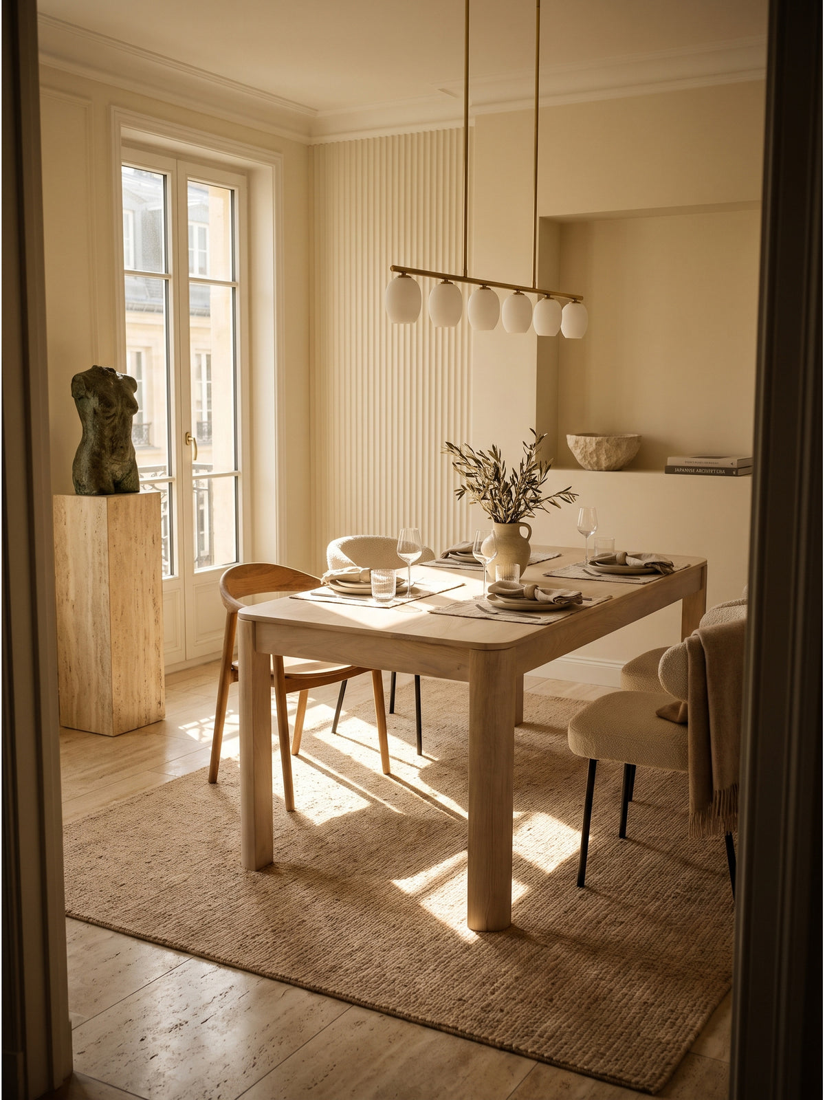 Moderner Esstisch aus Mango Massivholz in White Wash vor einer gerippten Akzentwand im lichtdurchfluteten Esszimmer
