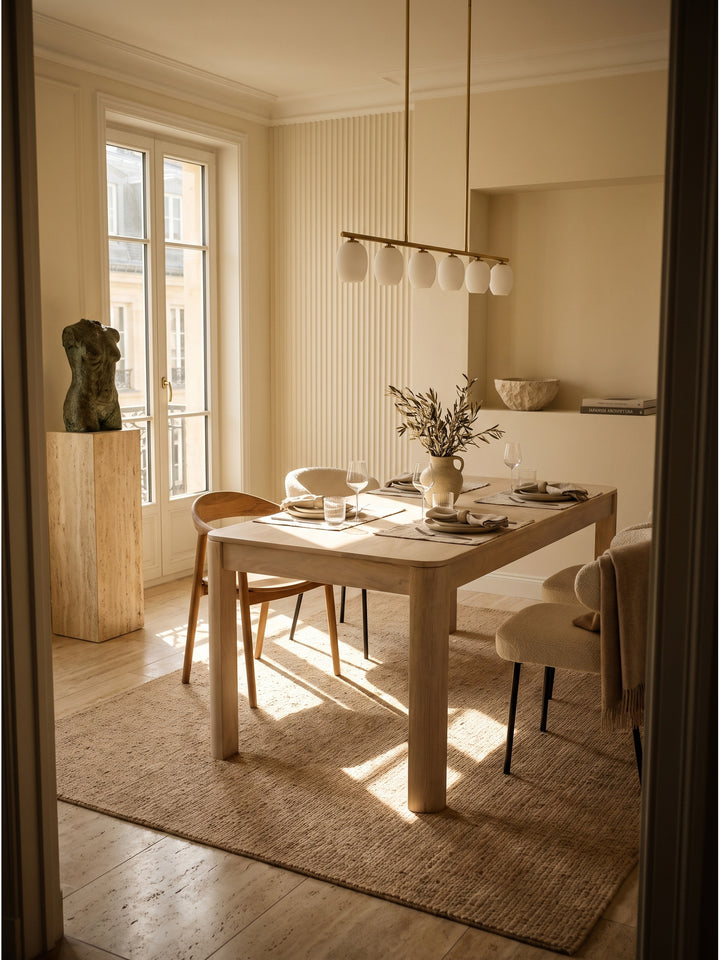 Moderner Esstisch aus Mango Massivholz in White Wash vor einer gerippten Akzentwand im lichtdurchfluteten Esszimmer_