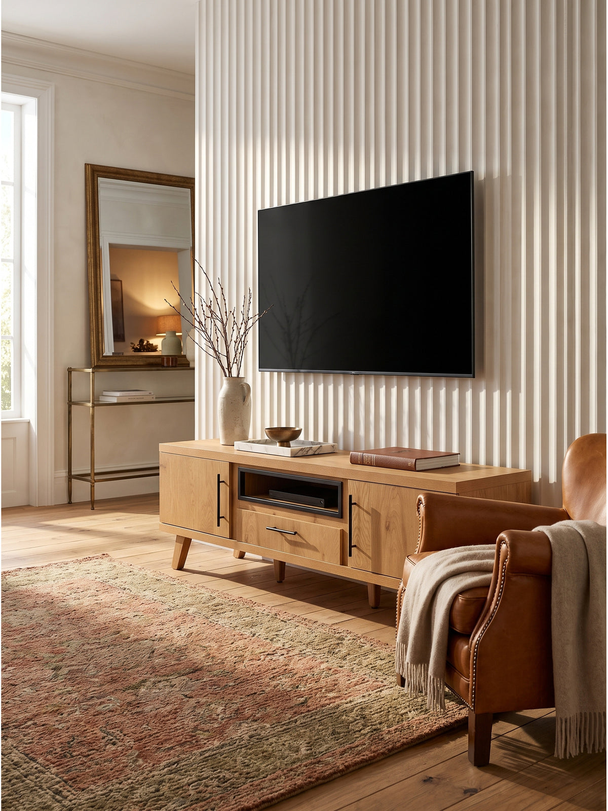 Modernes TV-Lowboard in heller Holzoptik neben einem beigen Leinensessel auf hell geöltem breitem Eichenparkett