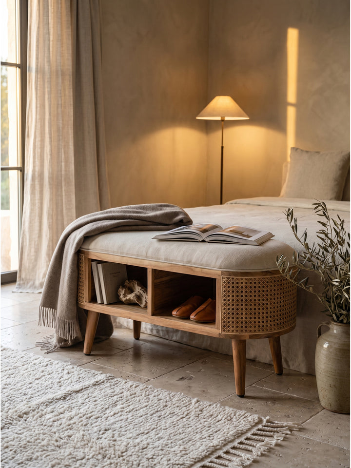 Detail der gepolsterten Sitzbank im Boho-Stil mit einem drapierten Schal und Leinenbüchern im integrierten offenen Staufach._