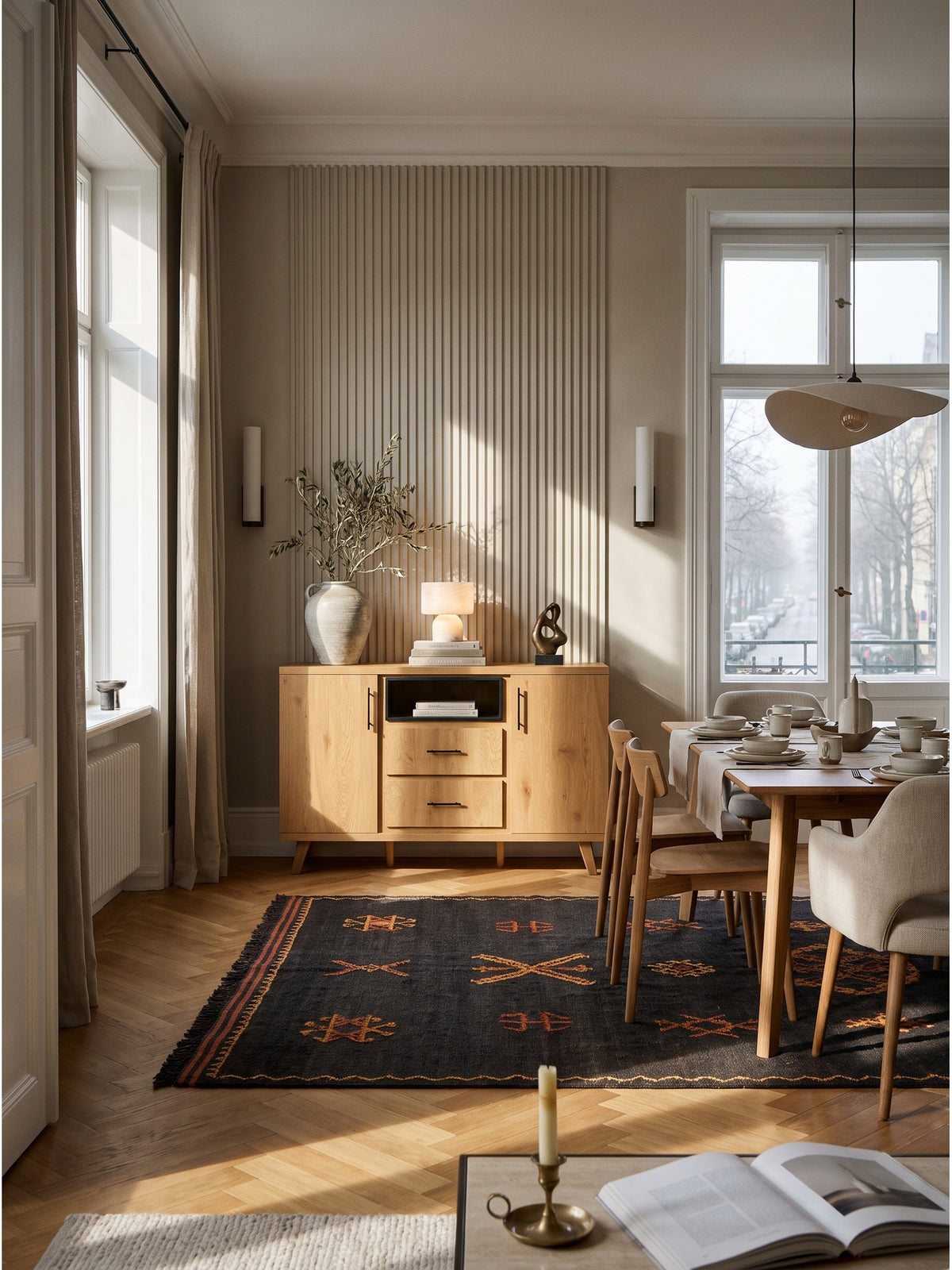 Großzügiges Sideboard in heller Eichenoptik mit schwarzen Akzenten arrangiert im eleganten Wohnbereich auf edlem Fischgrätparkett vor strukturierter Wand_