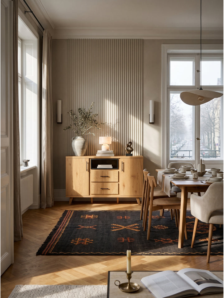 Großzügiges Sideboard in heller Eichenoptik mit schwarzen Akzenten arrangiert im eleganten Wohnbereich auf edlem Fischgrätparkett vor strukturierter Wand_
