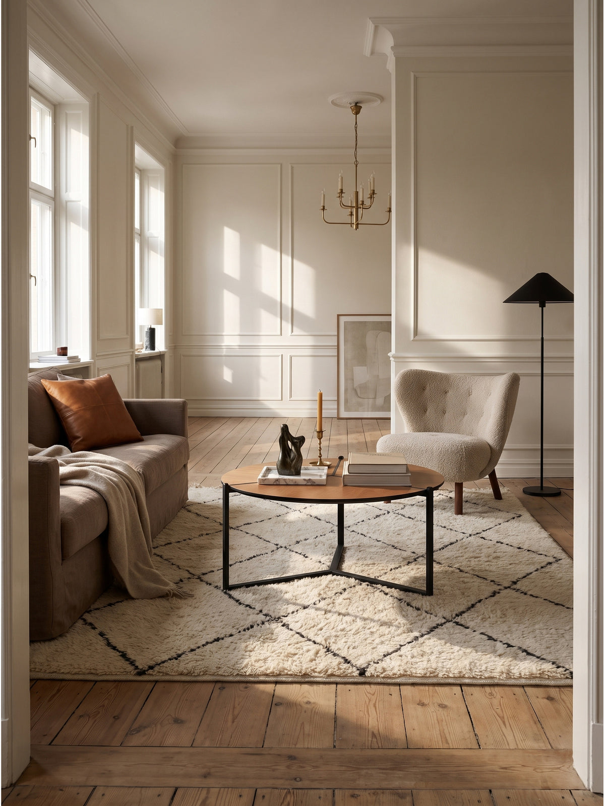 Runder Wohnzimmertisch 80cm aus MDF in Holzoptik mit schwarzem Metallgestell im eleganten modern-classic Wohnzimmer vor heller Wandpaneelung_