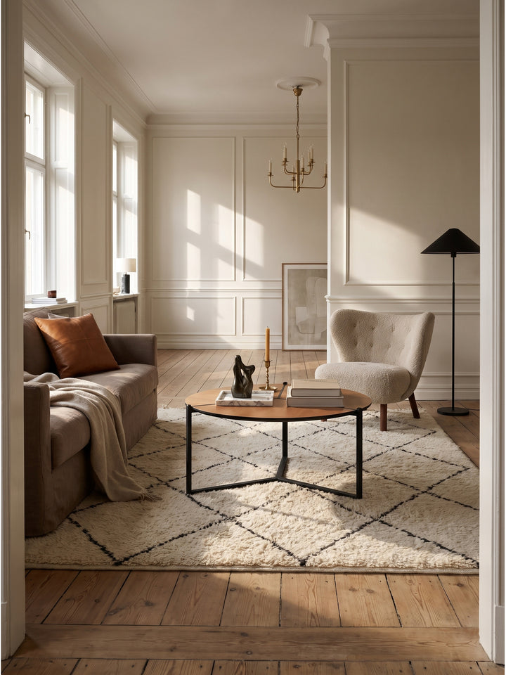 Runder Wohnzimmertisch 80cm aus MDF in Holzoptik mit schwarzem Metallgestell im eleganten modern-classic Wohnzimmer vor heller Wandpaneelung_