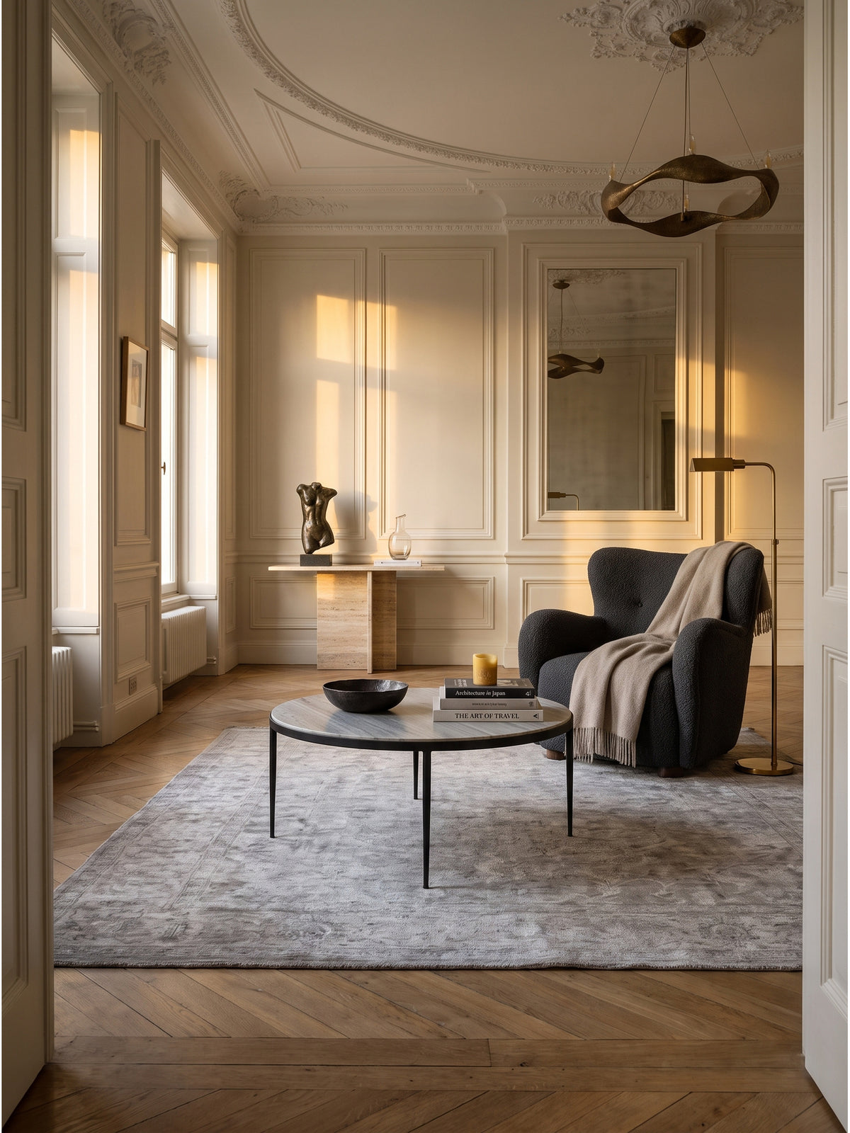 Eleganter Couchtisch aus weißem Marmor mit schwarzem Metallgestell im klassisch-modernen Wohnzimmer auf dunklem Eichenparkett arrangiert.