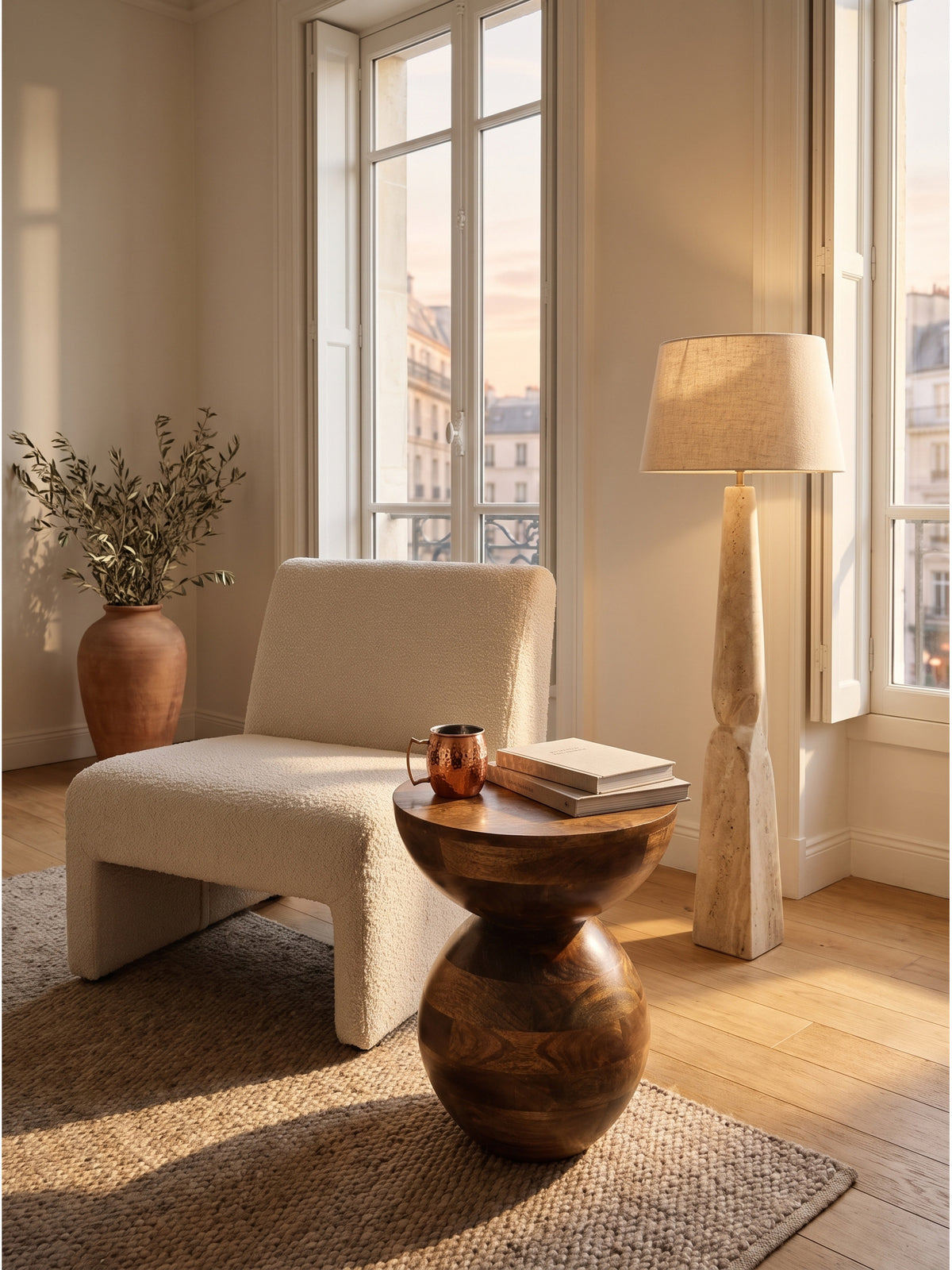 Kleiner Anstelltisch aus Mango Massivholz gemütlich inszeniert mit einer dampfenden Teetasse und Leinen-Serviette neben einer Stehleuchte aus Travertin