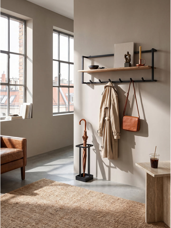 Industrielle Wandgarderobe aus massivem Akazienholz und schwarzem Metallrahmen 100x32 cm in einem großzügigen Flur._